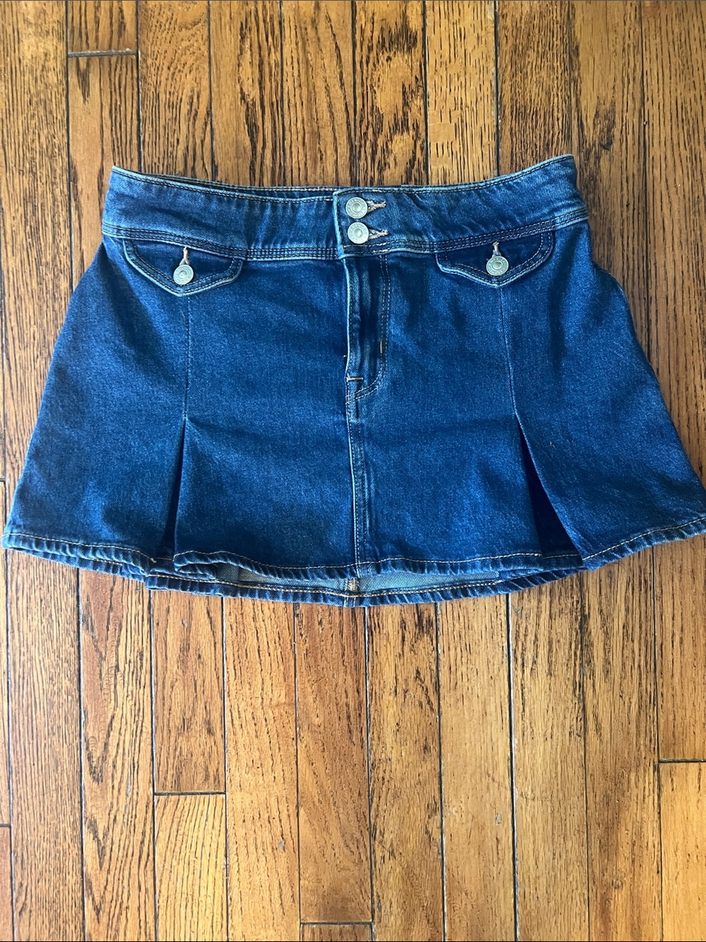 American Eagle Outfitters Dark Blue Denim Mini Skirt with Pleats